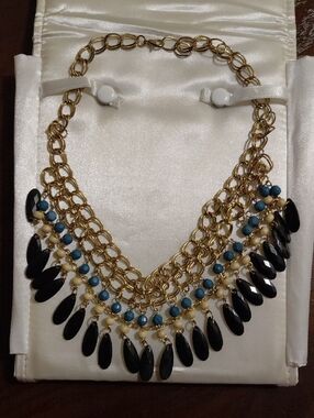 Gold Chain Bib Necklace with Black and Teal Beads - Unbranded